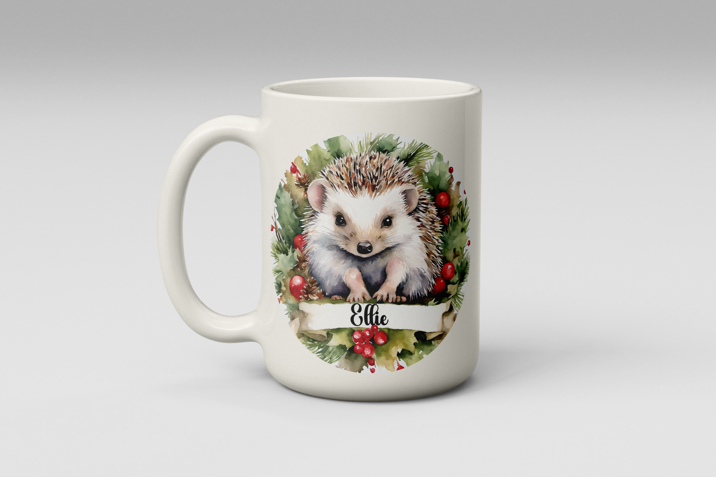 Personalised Christmas Hedgehog Mug – Festive Cute Animal Gift (11oz or 15oz, Free UK Shipping)
