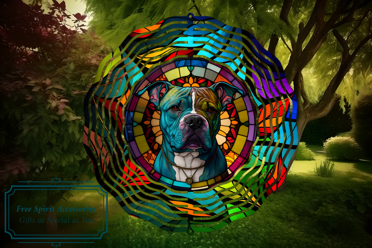 Colourful Staffordshire Bull Terrier Dog Wind Spinner by Free Spirit Accessories sold by Free Spirit Accessories