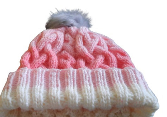 Pinks and White Hat Hand Knitted Cable Hat and Detachable Pom Pom by Free Spirit Accessories sold by Free Spirit Accessories