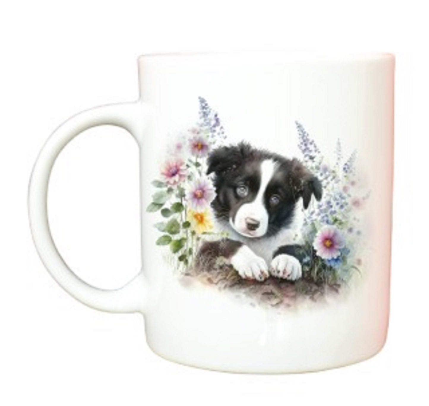 Border Collie Puppy With Flowers Mug by Free Spirit Accessories sold by Free Spirit Accessories