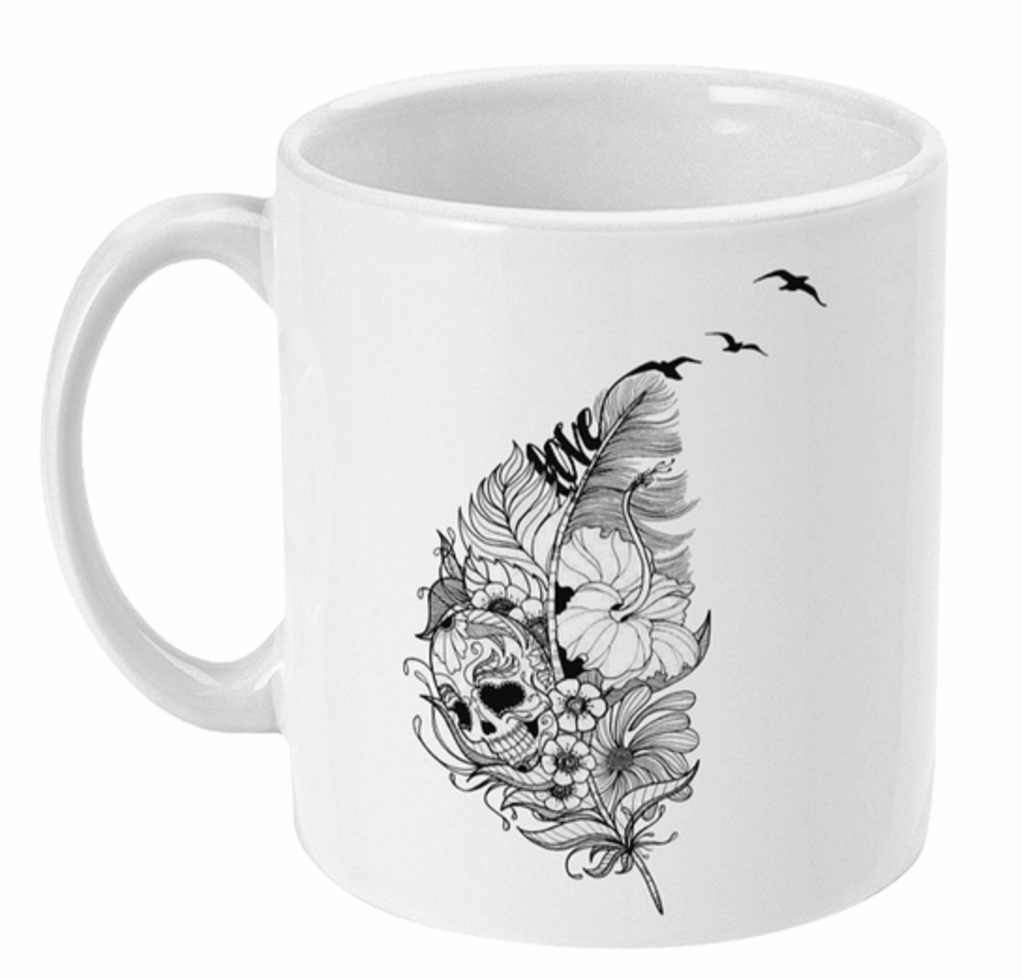 Black and White Love Feathers and Skull Mug by Free Spirit Accessories sold by Free Spirit Accessories