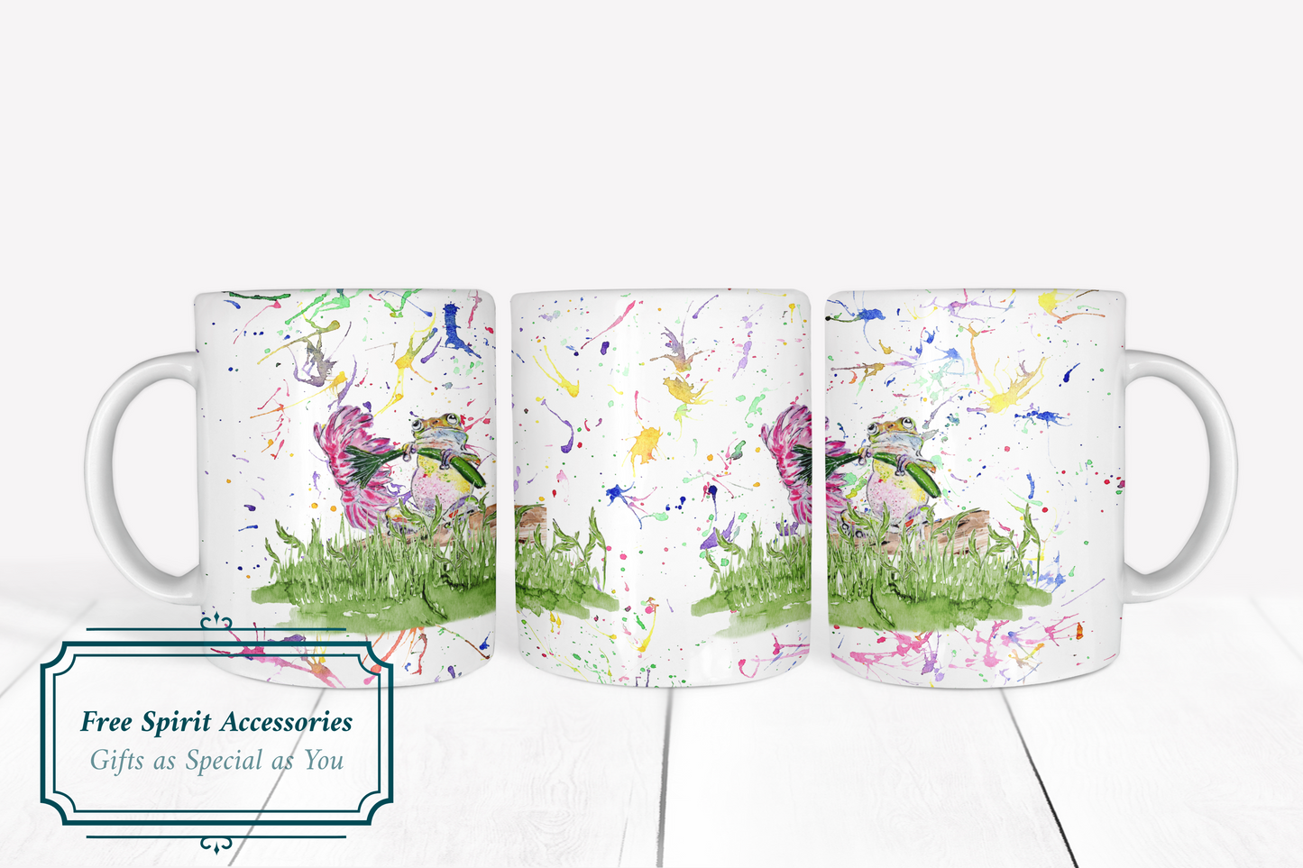 Rainbow Splashed Watercolour Frog and Flower Mug by Free Spirit Accessories sold by Free Spirit Accessories