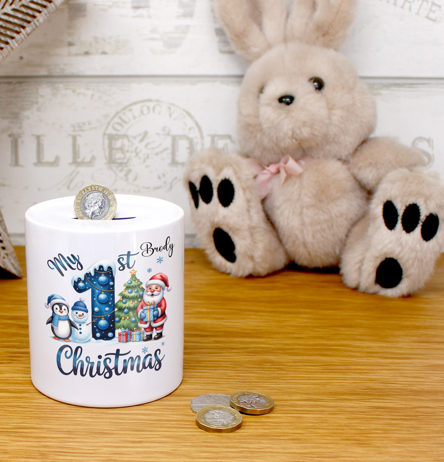 Personalised My First Christmas Money Box - Blue or Pink
