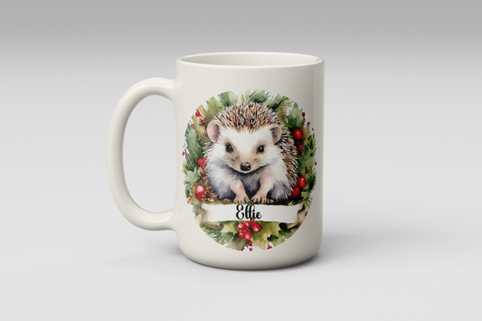 Personalised Christmas Hedgehog Mug – Festive Cute Animal Gift (11oz or 15oz, Free UK Shipping)