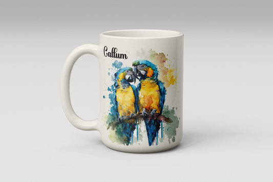Personalised Macaws in Love Parrot Mug – Colourful Bird Lover Gift (11oz or 15oz, Free UK Shipping)