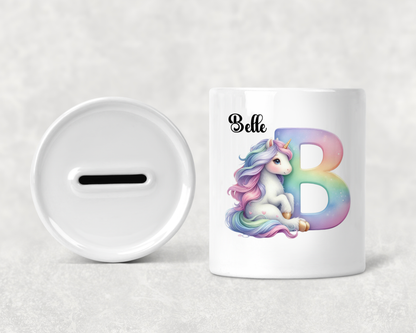 Personalised Unicorn Initial Money Box – Custom Letter Gift for Children (Free UK Shipping)