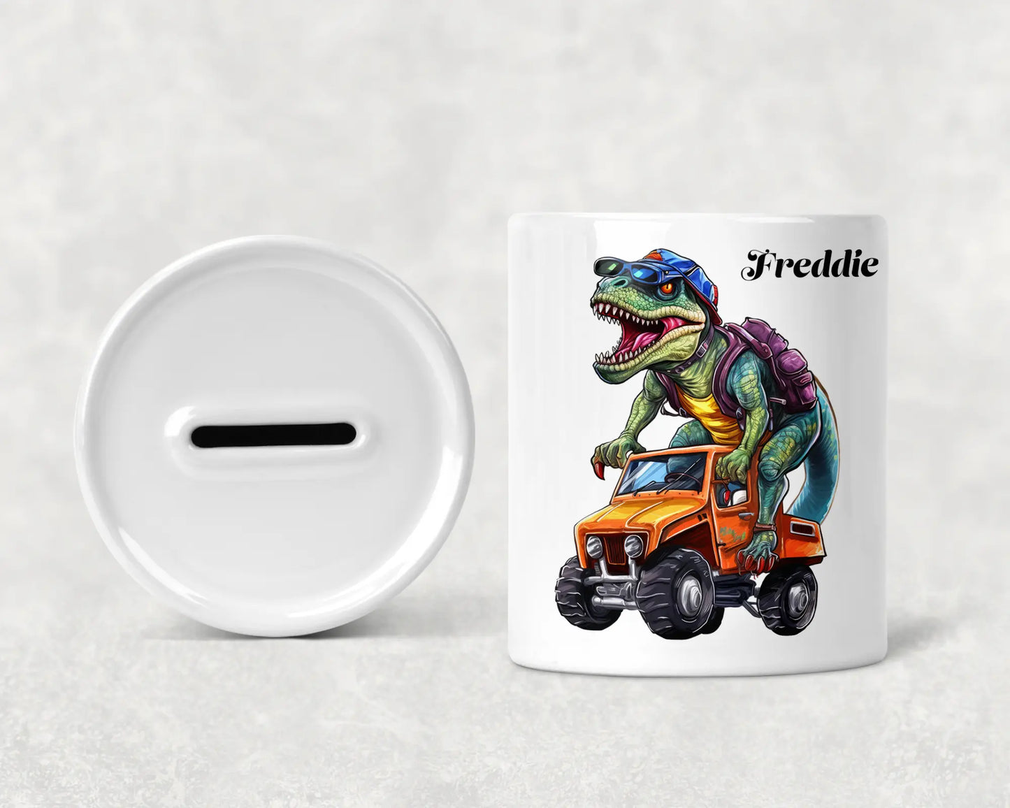  Personalised T Rex Dinosaur on a Truck Money Box by Free Spirit Accessories sold by Free Spirit Accessories