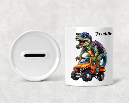  Personalised T Rex Dinosaur on a Truck Money Box by Free Spirit Accessories sold by Free Spirit Accessories