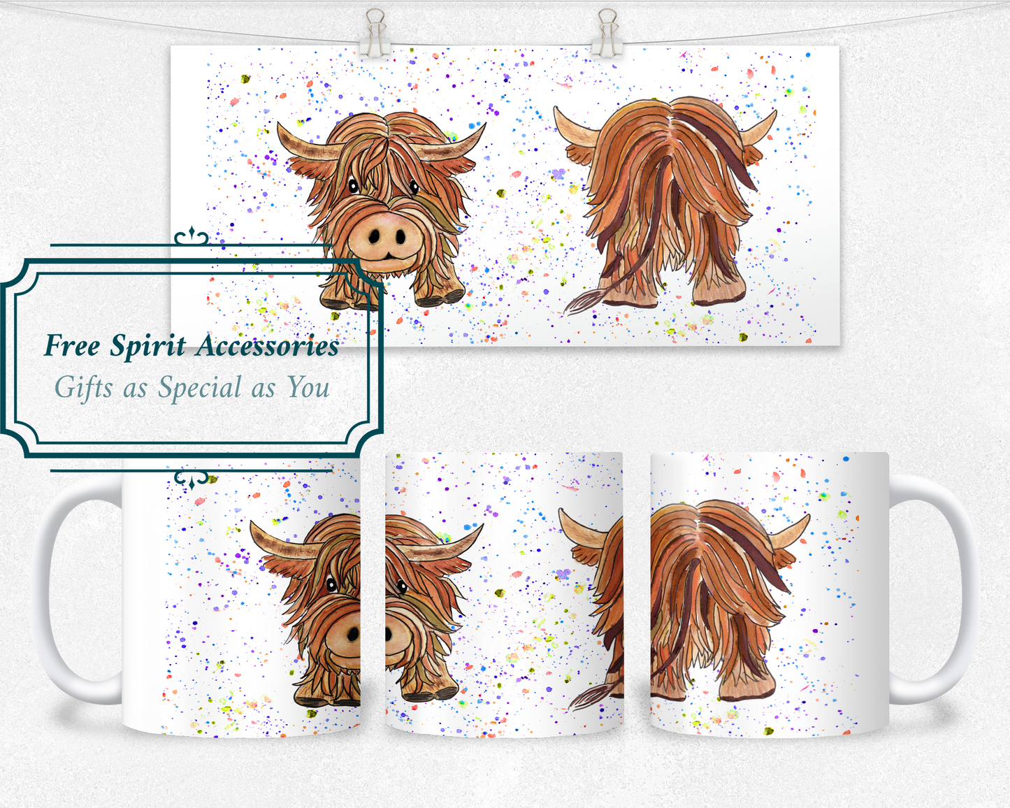  Cute Highland Cow Front and Rear View Mug by Free Spirit Accessories sold by Free Spirit Accessories