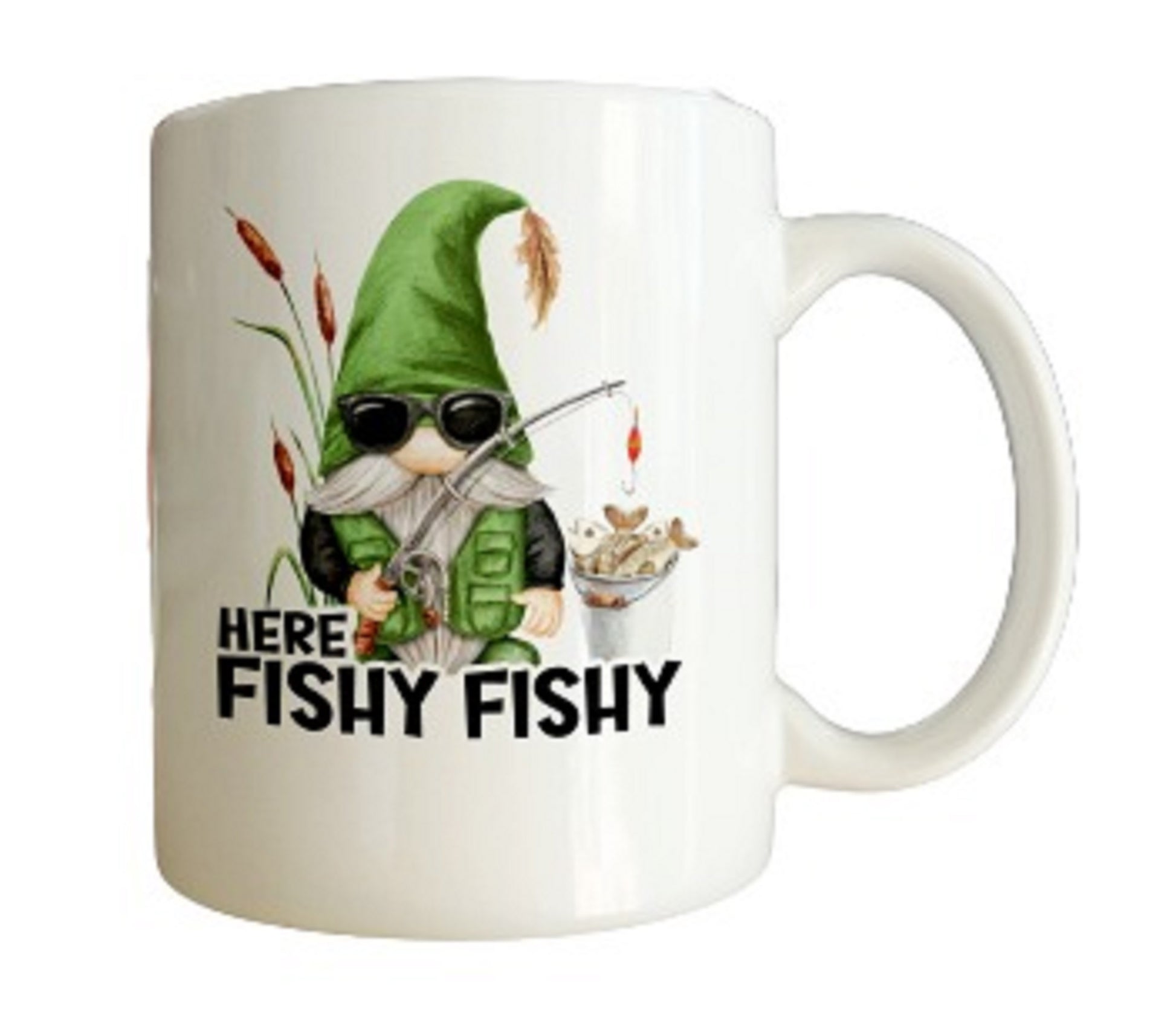  Here Fishy Fishy Gnome Fishing Mug by Free Spirit Accessories sold by Free Spirit Accessories