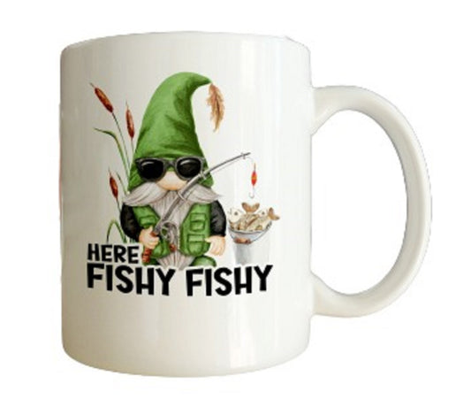  Here Fishy Fishy Gnome Fishing Mug by Free Spirit Accessories sold by Free Spirit Accessories
