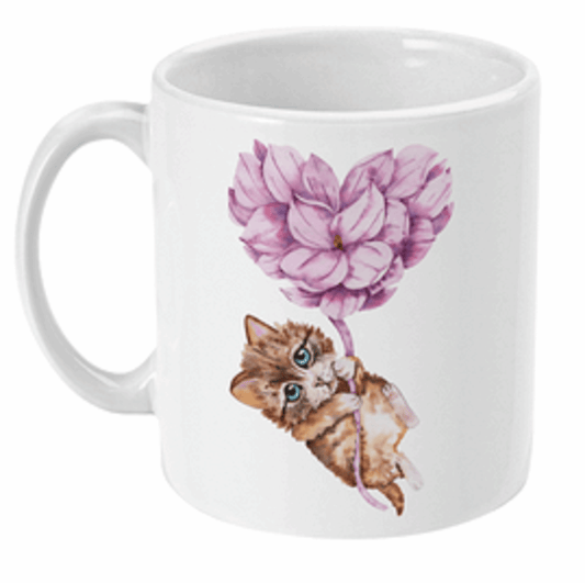  Cute Cat Floating With Floral Heart Balloon Mug by Free Spirit Accessories sold by Free Spirit Accessories
